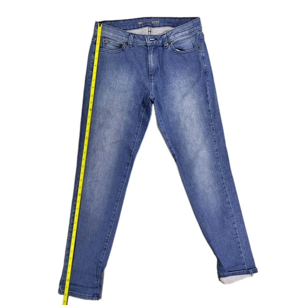 Michael Kors Boyfriend Blue Jeans with Gold Monogram Hardware Sz 2